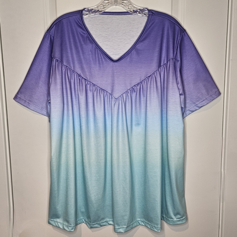 Women's Tunic Purple Blue Ombre V Neck Babydoll Top XL Flowing Summer Tee Sheen - Picture 2 of 8